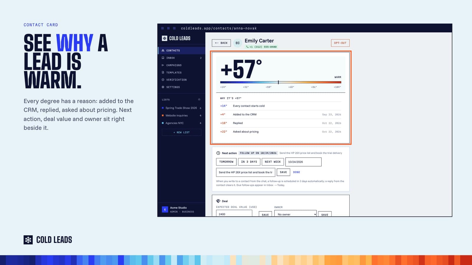 The contact card shows the temperature and the signals behind every degree