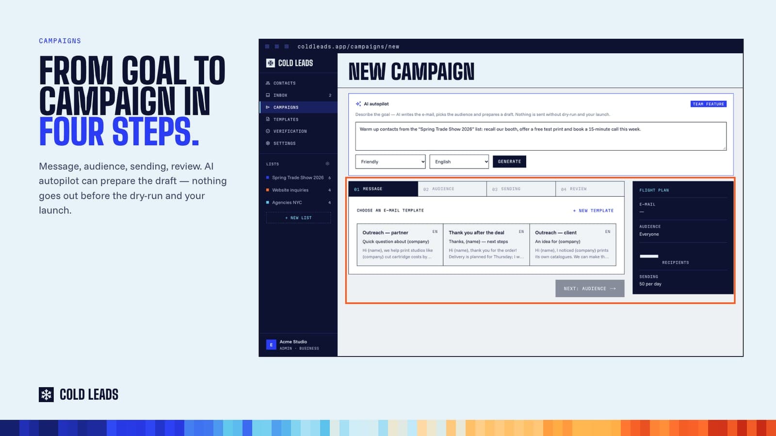 The campaign builder: message, audience, sending, review